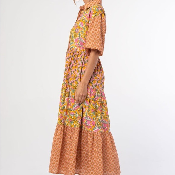 NWT LoveStitch Dress pockets 100% cotton midi floral tiered oranges golds pinks - Picture 6 of 16